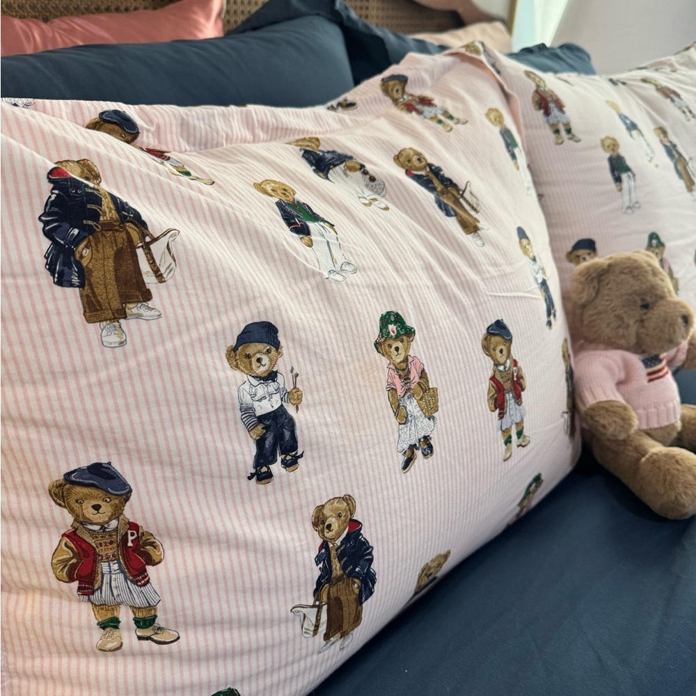 Ralph Lauren Pink Striped Pillow with Teddy Bear Print